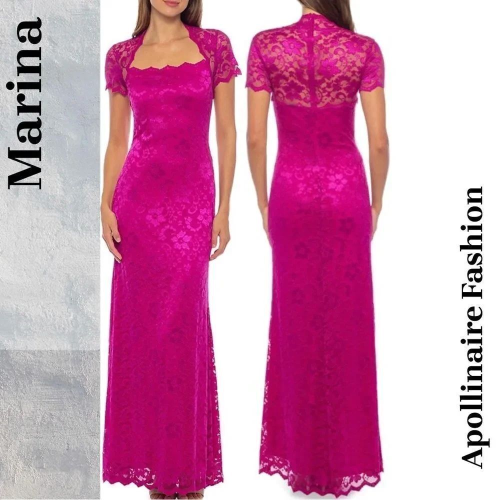 MARINA SQUARE NECK LACE MAXI DRESS FUCHSIA MEDIUM NWT
